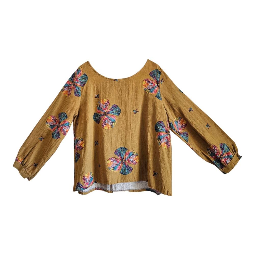 ZANZEA Women XL 1X Artsy Blouse Multicolor Boho Floral Long Wide Slv Cotton 44"